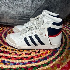 Men’s Adidas White and Navy High-Top Sneakers with Red Stripe
